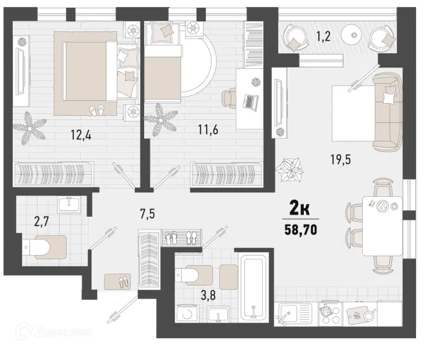 Планировка 2 комн. в ЖК Барса