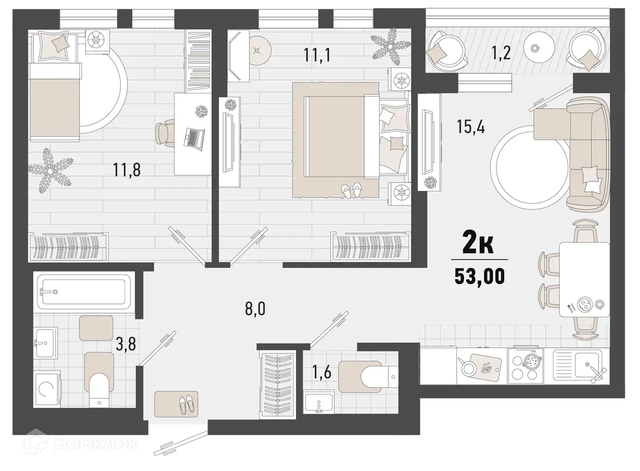 Планировка 2-комнатной квартиры 52.9 м² в ЖК Барса, г. Новороссийск — фото 1