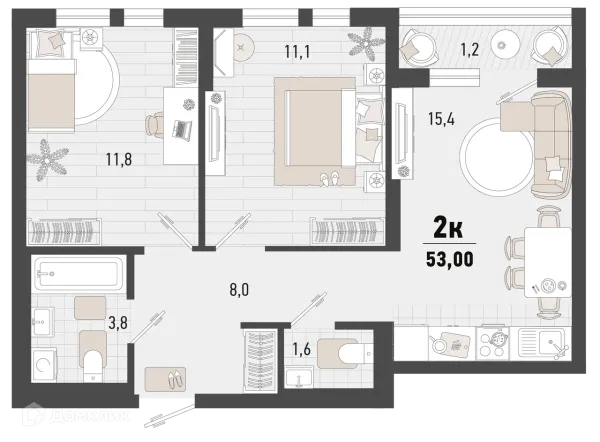 Планировка 2 комн. в ЖК Барса