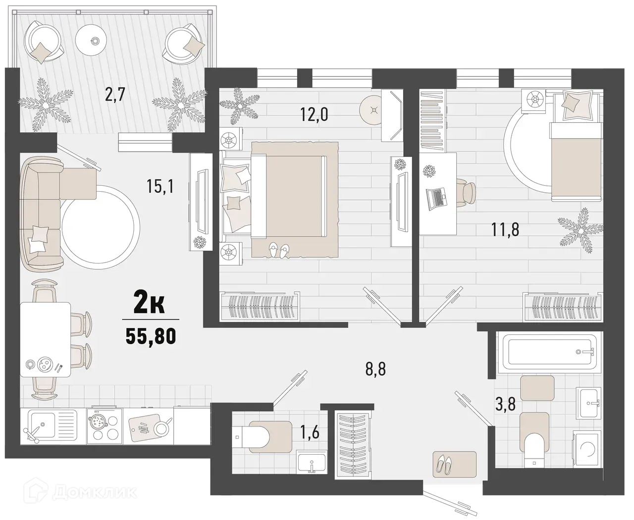 Планировка 2-комнатной квартиры 55.8 м² в ЖК Барса, г. Новороссийск — фото 1