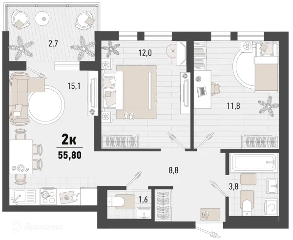 Планировка 2 комн. в ЖК Барса