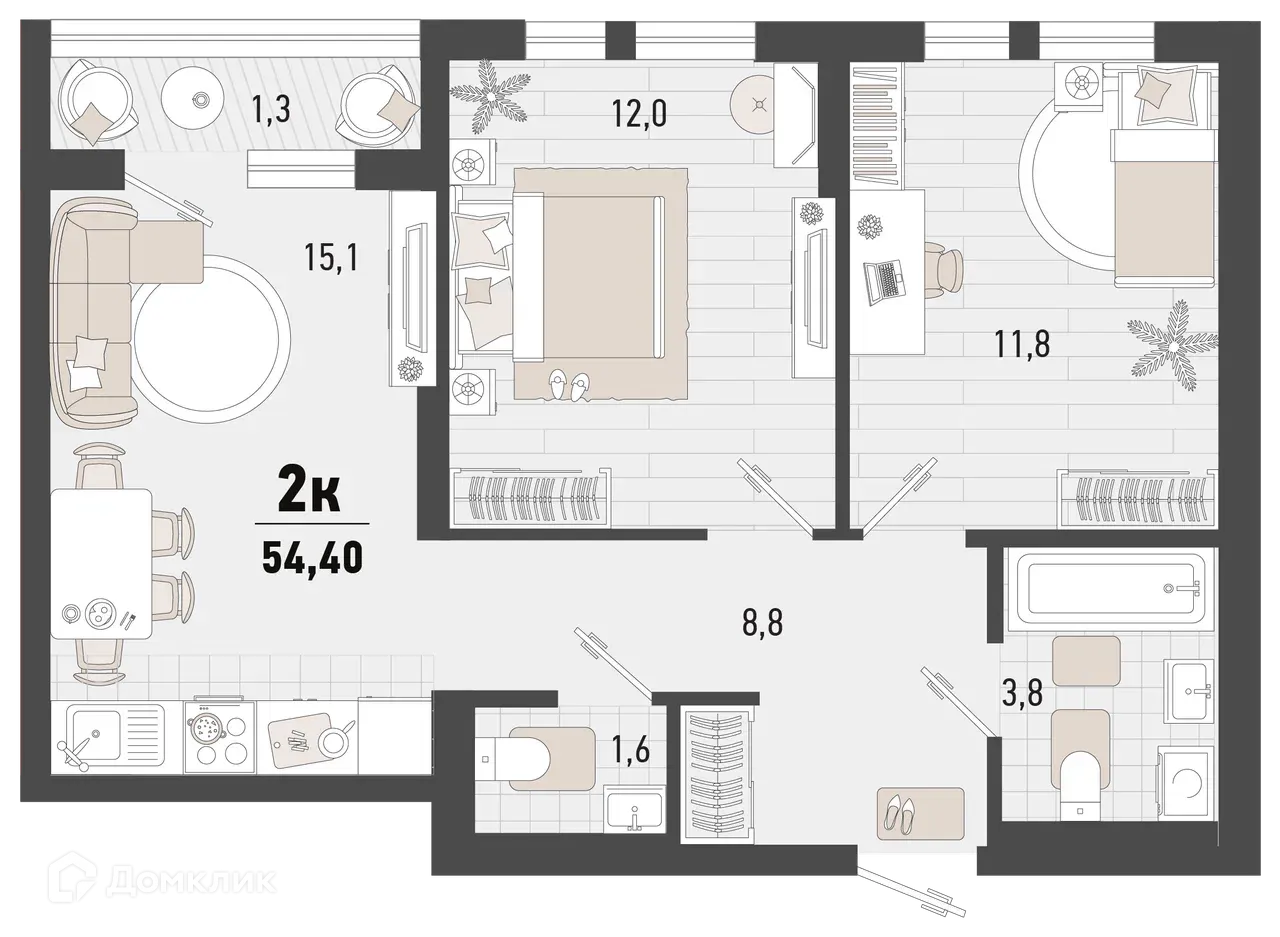 Планировка 2-комнатной квартиры 54.4 м² в ЖК Барса, г. Новороссийск — фото 1