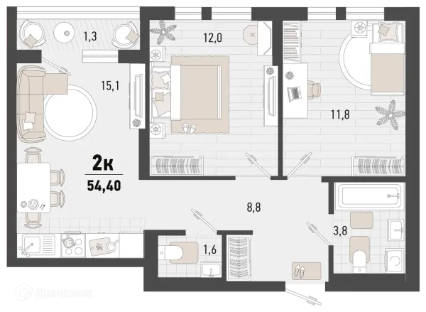 Планировка 2 комн. в ЖК Барса