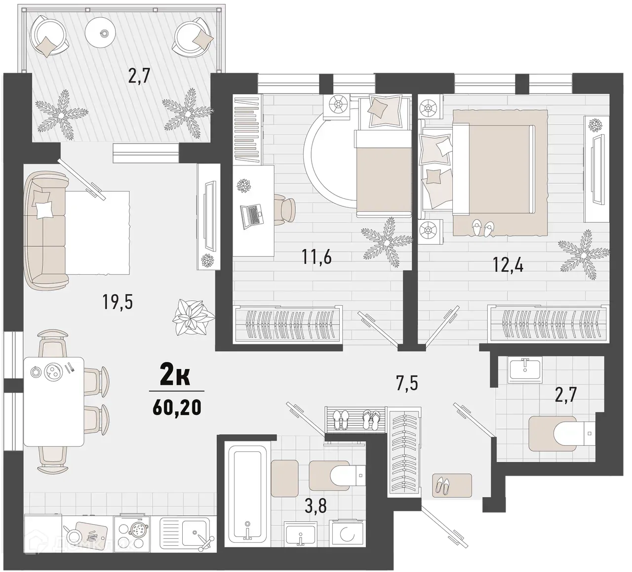 Планировка 2-комнатной квартиры 60.2 м² в ЖК Барса, г. Новороссийск — фото 1