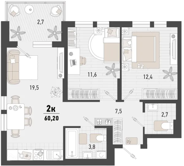 Планировка 2 комн. в ЖК Барса