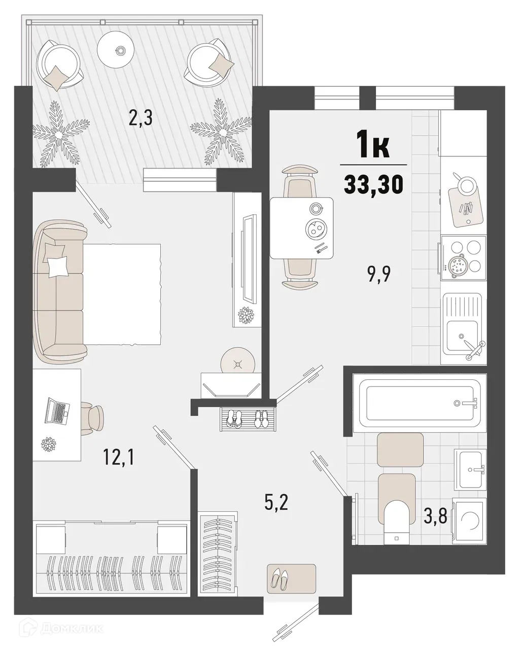 Планировка 1-комнатной квартиры 33.3 м² в ЖК Барса, г. Новороссийск — фото 1