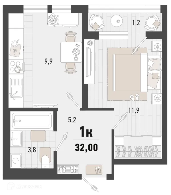 Планировка 1 комн. в ЖК Барса