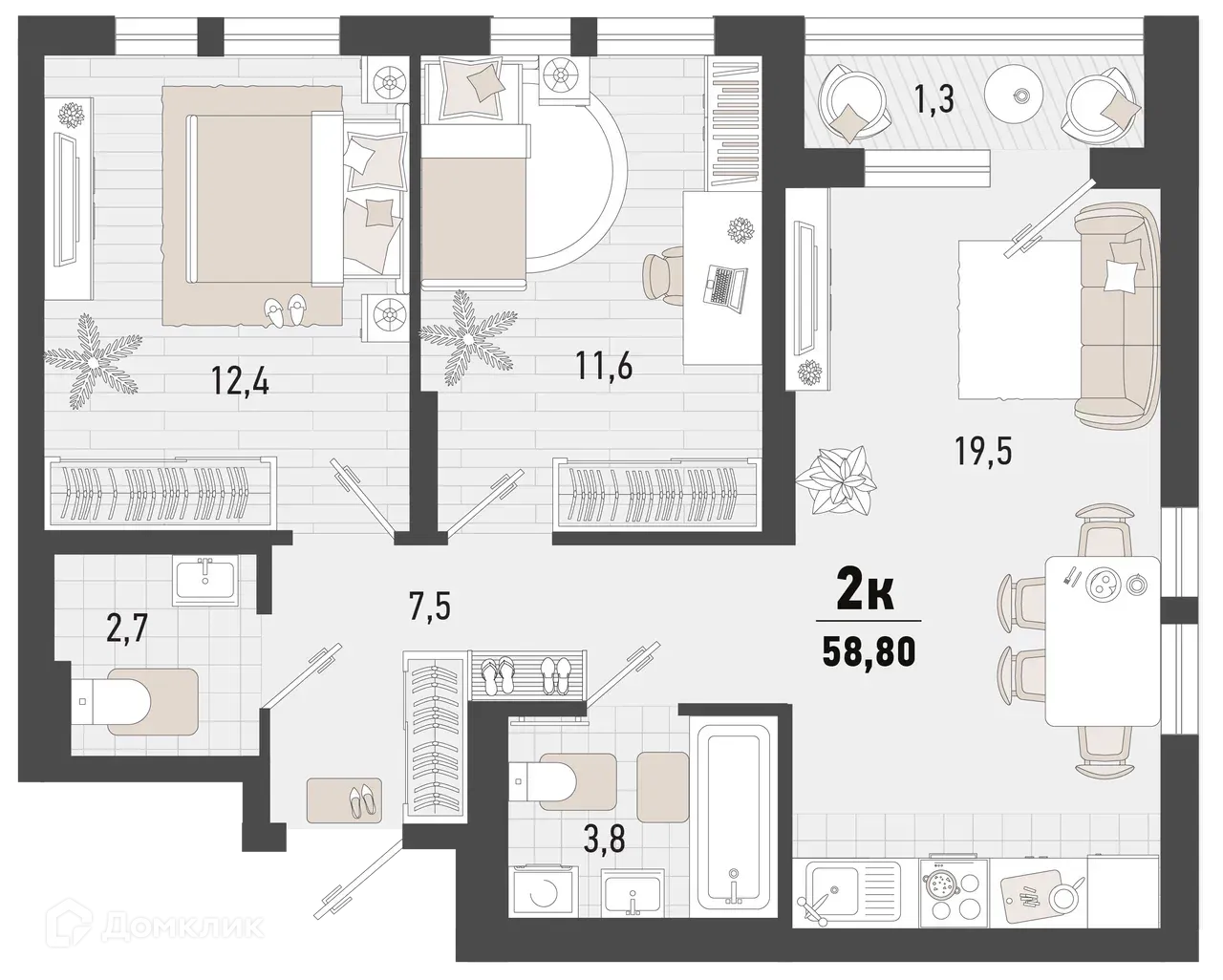 Планировка 2-комнатной квартиры 58.8 м² в ЖК Барса, г. Новороссийск — фото 1