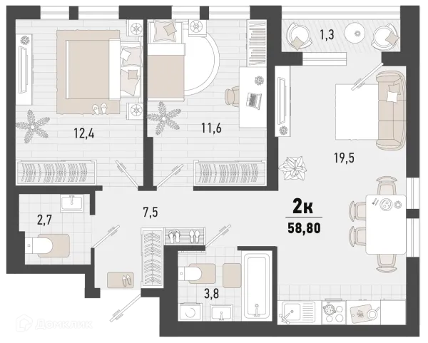 Планировка 2 комн. в ЖК Барса