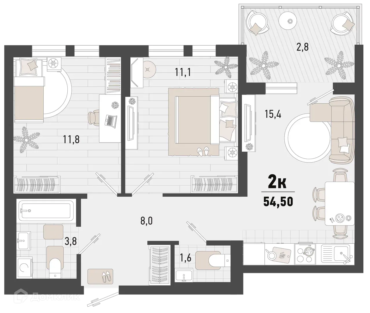 Планировка 2-комнатной квартиры 54.5 м² в ЖК Барса, г. Новороссийск — фото 1