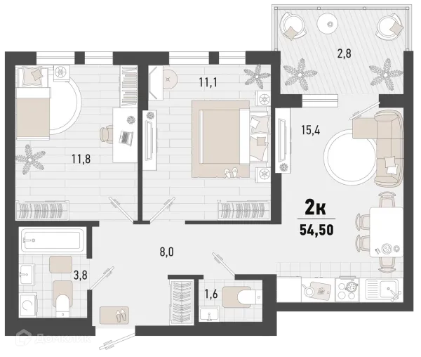 Планировка 2 комн. в ЖК Барса