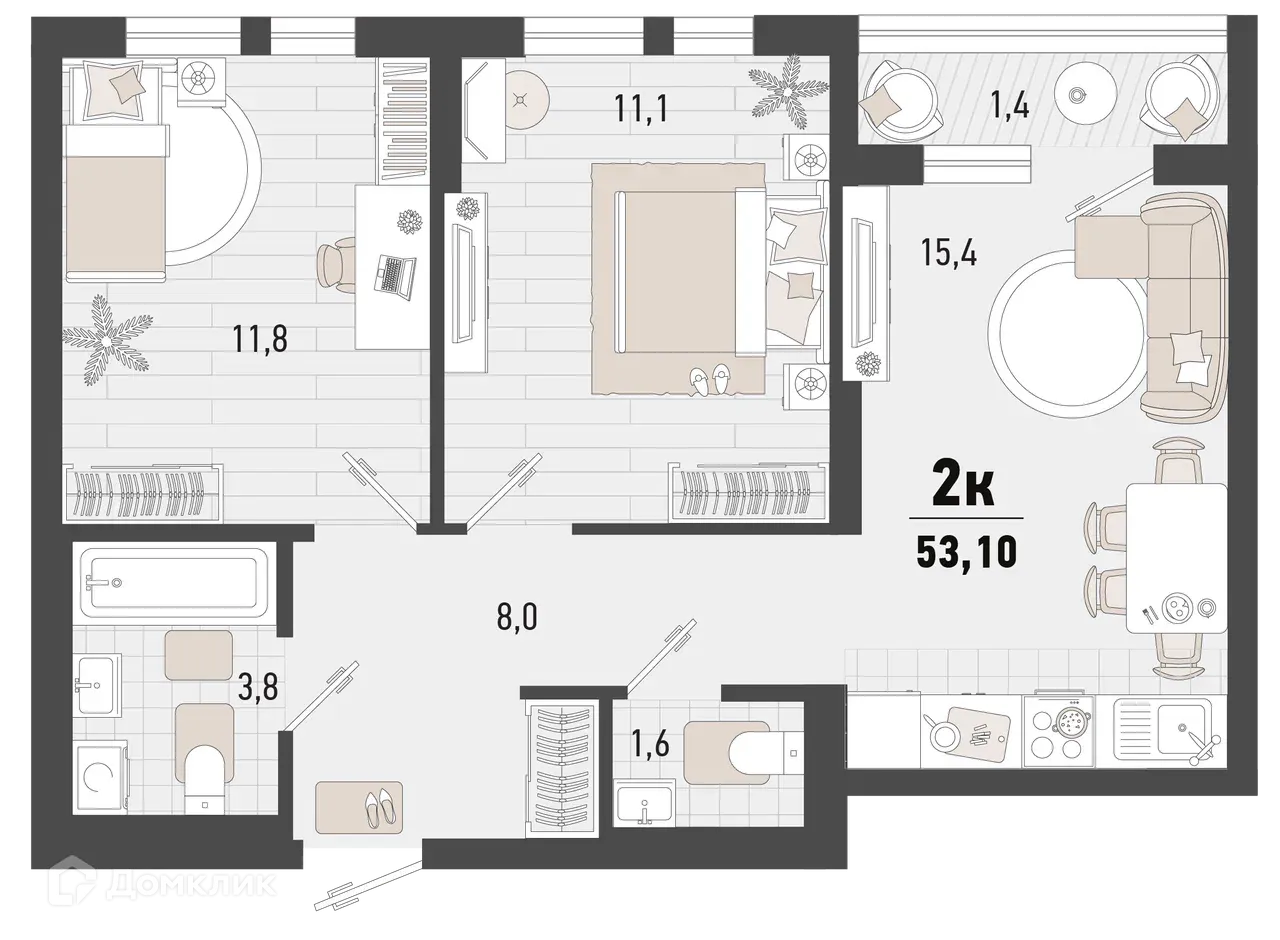 Планировка 2-комнатной квартиры 53.1 м² в ЖК Барса, г. Новороссийск — фото 1