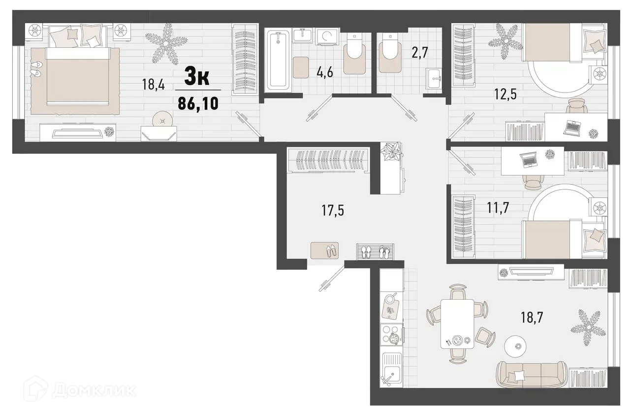 Планировка 3-комнатной квартиры 86.1 м² в ЖК Барса, г. Новороссийск — фото 1