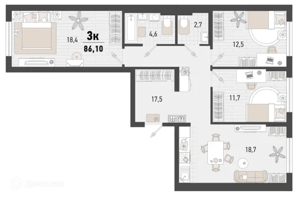 Планировка 3 комн. в ЖК Барса