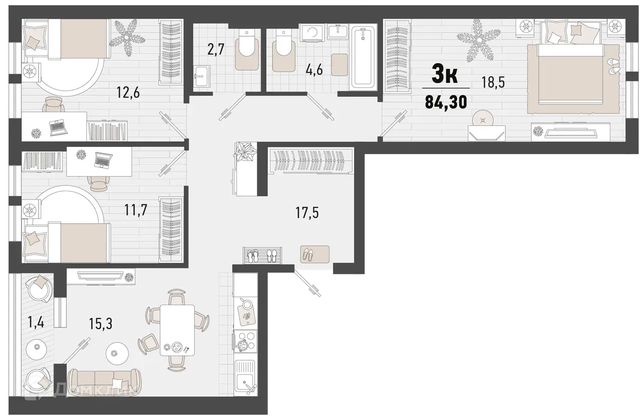 Планировка 3-комнатной квартиры 84.3 м² в ЖК Барса, г. Новороссийск — фото 1