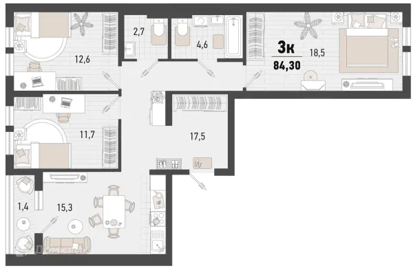 Планировка 3 комн. в ЖК Барса