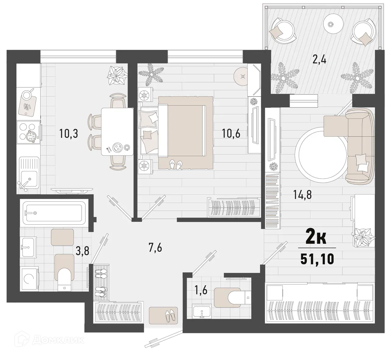 Планировка 2-комнатной квартиры 51.1 м² в ЖК Барса, г. Новороссийск — фото 1