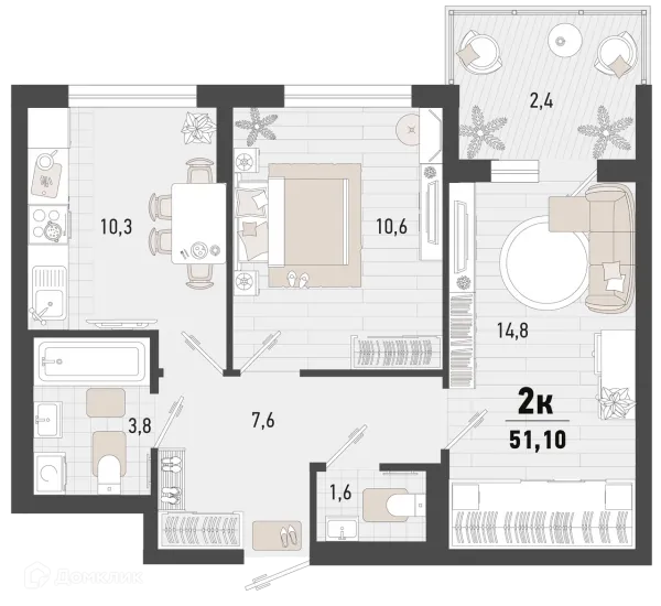 Планировка 2 комн. в ЖК Барса