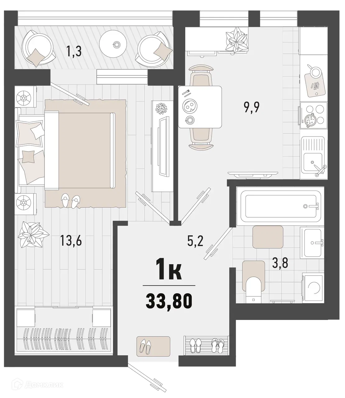 Планировка 1-комнатной квартиры 33.8 м² в ЖК Барса, г. Новороссийск — фото 1