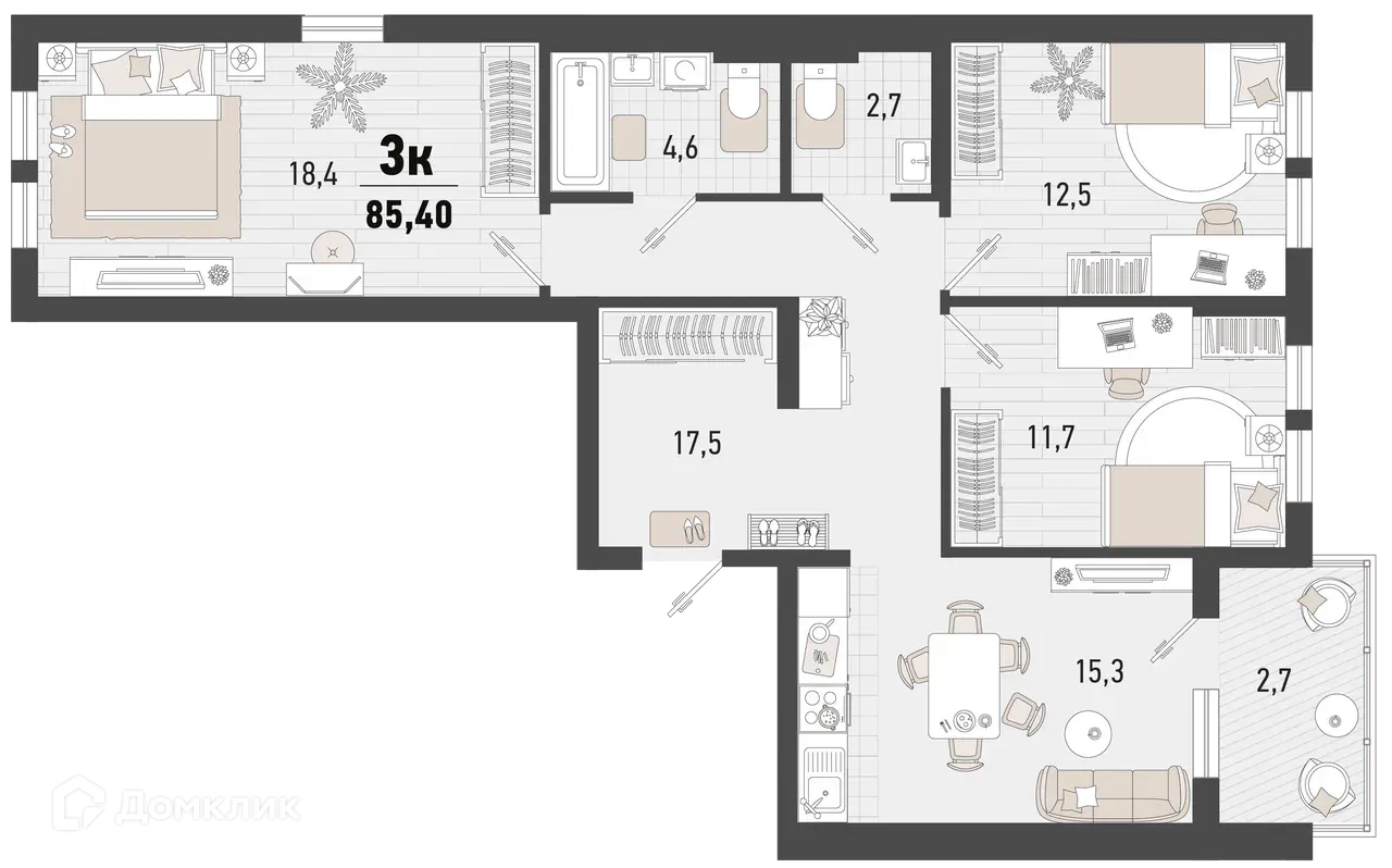 Планировка 3-комнатной квартиры 85.4 м² в ЖК Барса, г. Новороссийск — фото 1