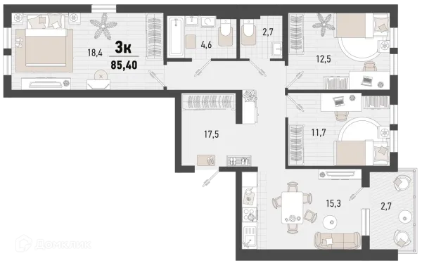 Планировка 3 комн. в ЖК Барса