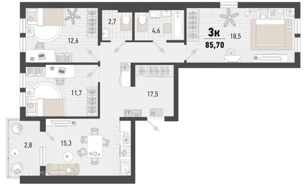 Планировка 3 комн. в ЖК Барса