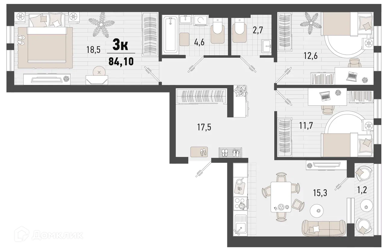 Планировка 3-комнатной квартиры 84.1 м² в ЖК Барса, г. Новороссийск — фото 1