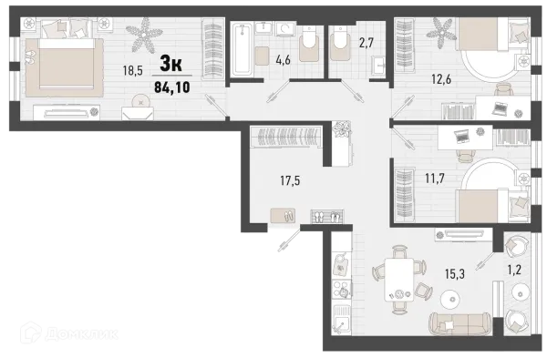 Планировка 3 комн. в ЖК Барса