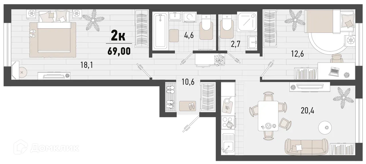 Планировка 2-комнатной квартиры 69 м² в ЖК Барса, г. Новороссийск — фото 1