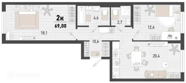 Планировка 2 комн. в ЖК Барса