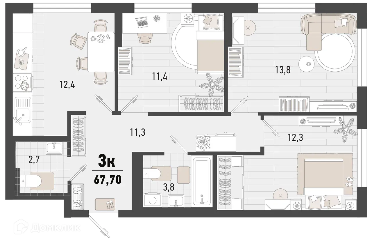 Планировка 3-комнатной квартиры 67.7 м² в ЖК Барса, г. Новороссийск — фото 1