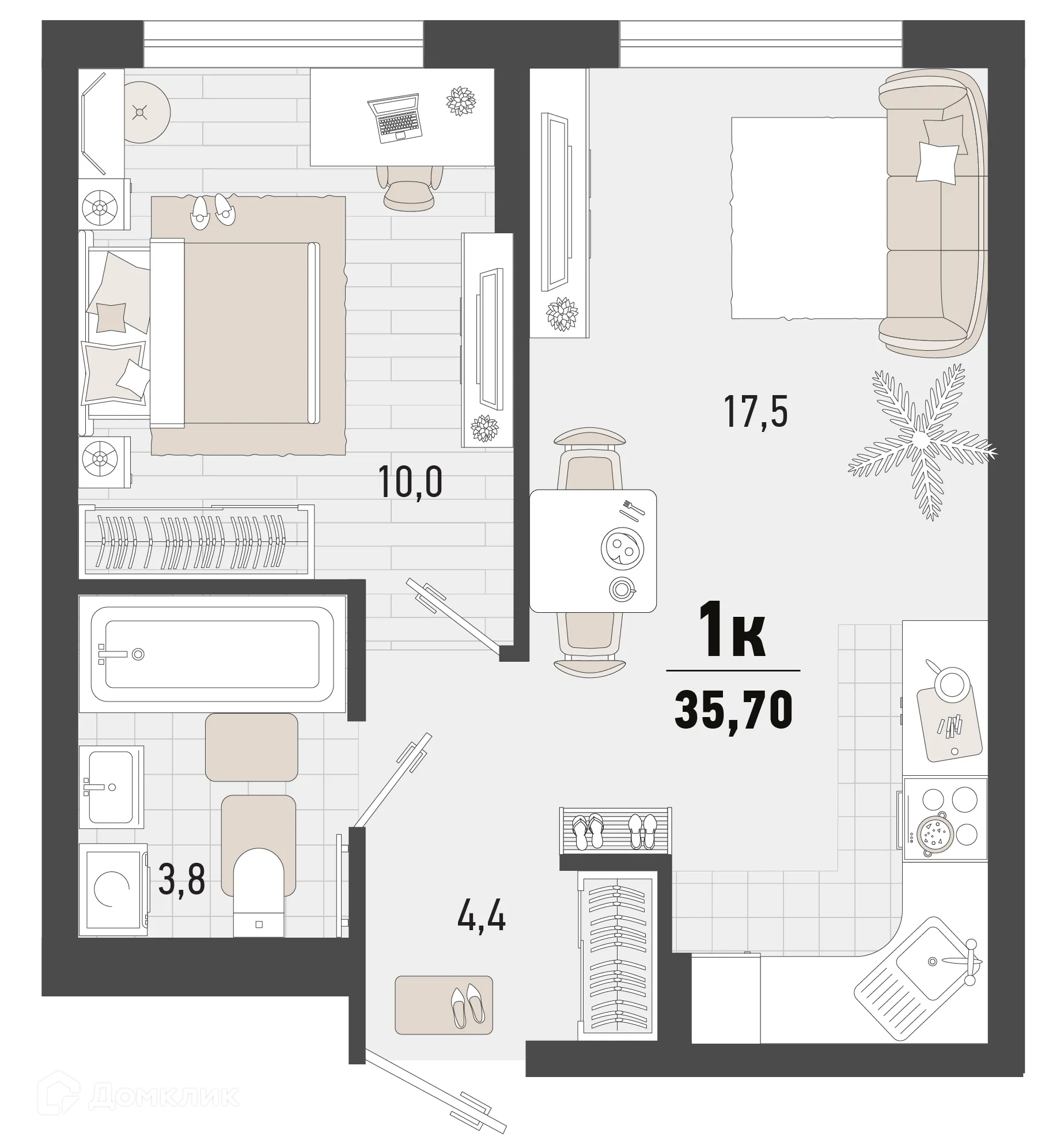 Планировка 1-комнатной квартиры 35.7 м² в ЖК Барса, г. Новороссийск — фото 1