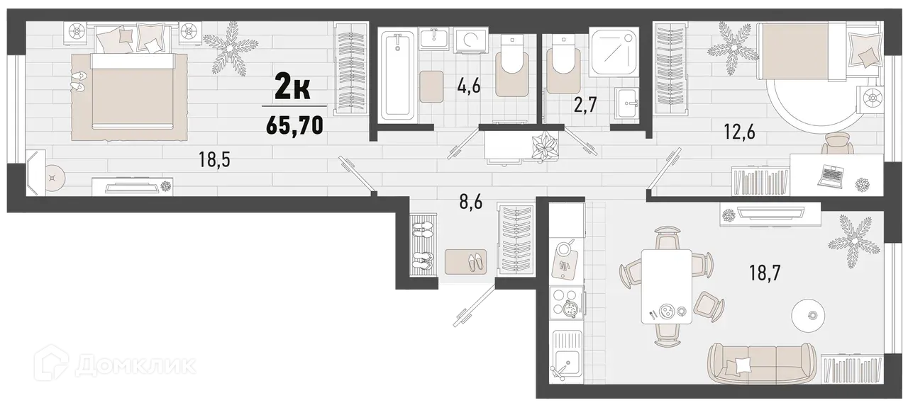 Планировка 2-комнатной квартиры 65.7 м² в ЖК Барса, г. Новороссийск — фото 1