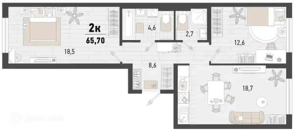 Планировка 2 комн. в ЖК Барса