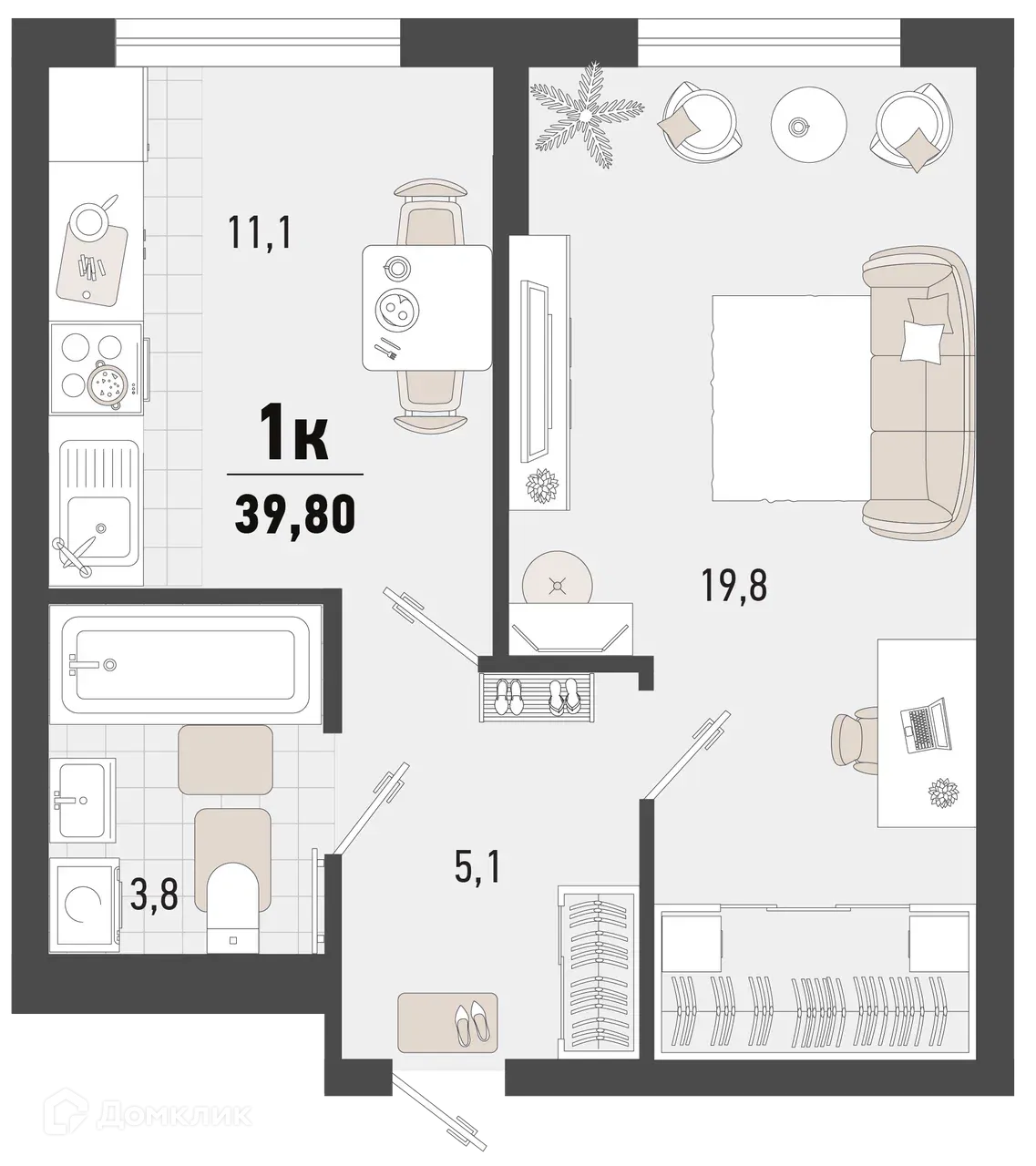 Планировка 1-комнатной квартиры 39.8 м² в ЖК Барса, г. Новороссийск — фото 1