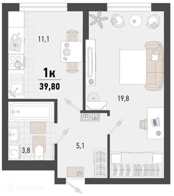 Планировка 1 комн. в ЖК Барса