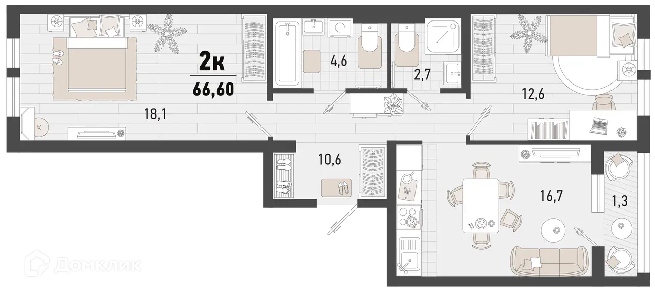 Планировка 2-комнатной квартиры 66.6 м² в ЖК Барса, г. Новороссийск — фото 1