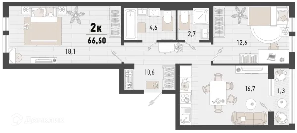 Планировка 2 комн. в ЖК Барса