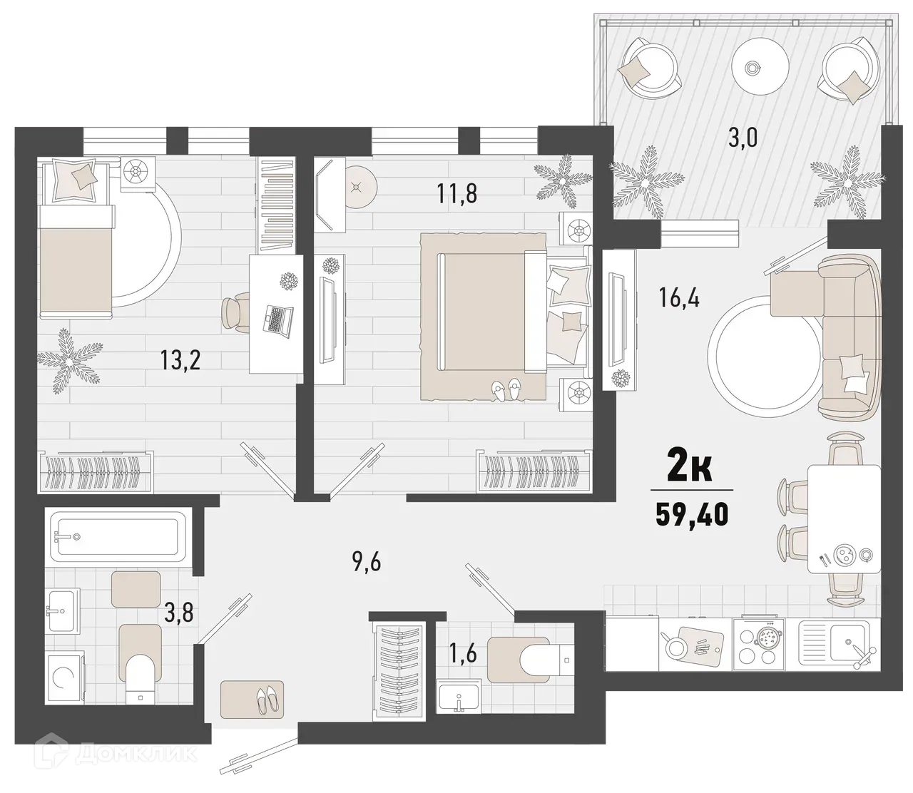 Планировка 2-комнатной квартиры 59.4 м² в ЖК Барса, г. Новороссийск — фото 1