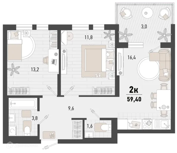 Планировка 2 комн. в ЖК Барса