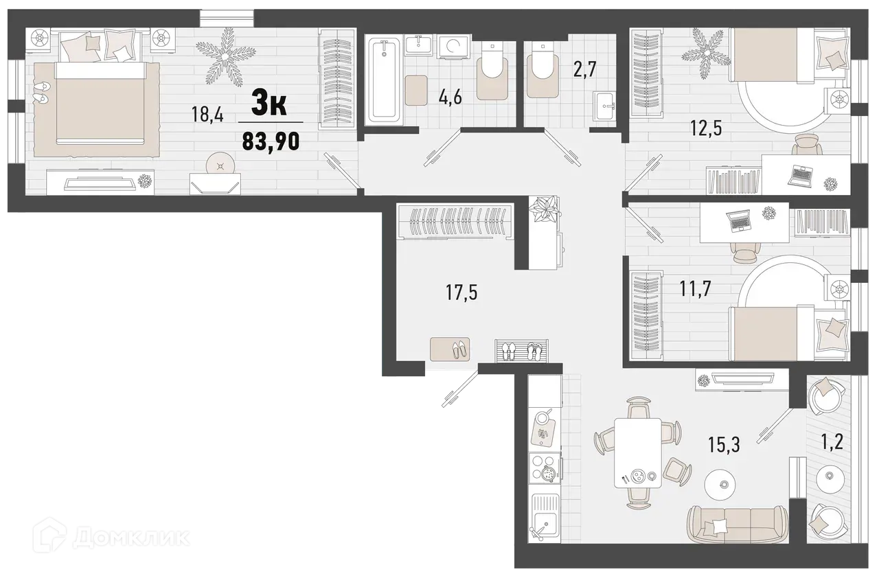 Планировка 3-комнатной квартиры 83.9 м² в ЖК Барса, г. Новороссийск — фото 1
