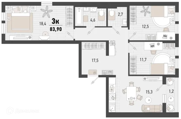 Планировка 3 комн. в ЖК Барса