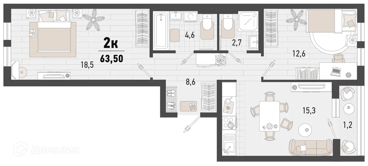 Планировка 2-комнатной квартиры 63.5 м² в ЖК Барса, г. Новороссийск — фото 1