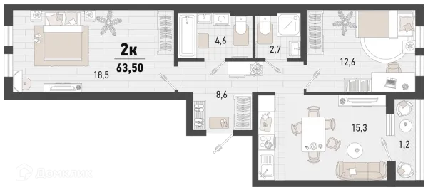 Планировка 2 комн. в ЖК Барса