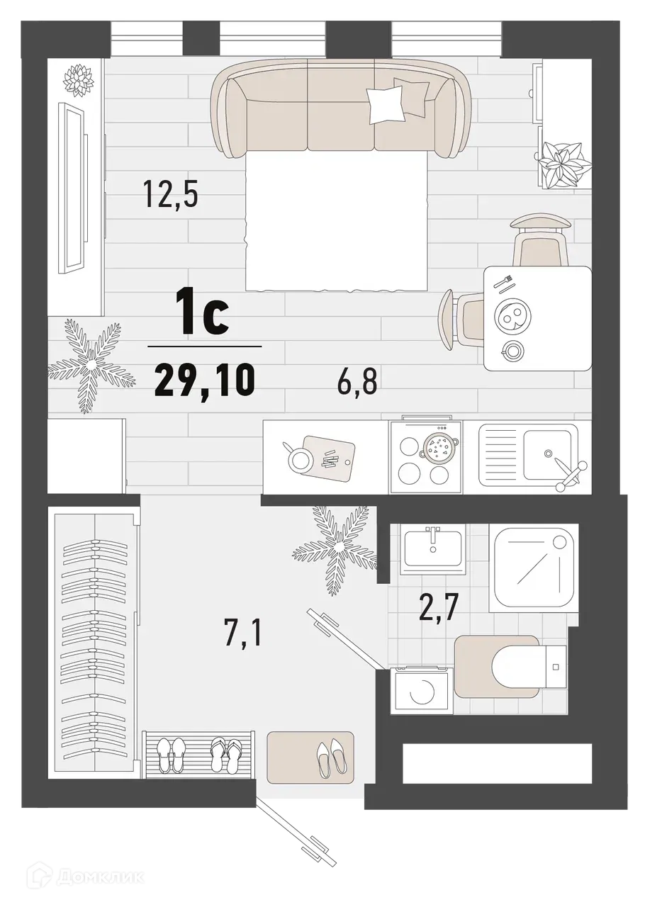 Планировка 1-комнатной квартиры 29.1 м² в ЖК Барса, г. Новороссийск — фото 1