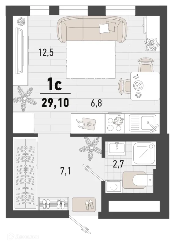 Планировка 1 комн. в ЖК Барса