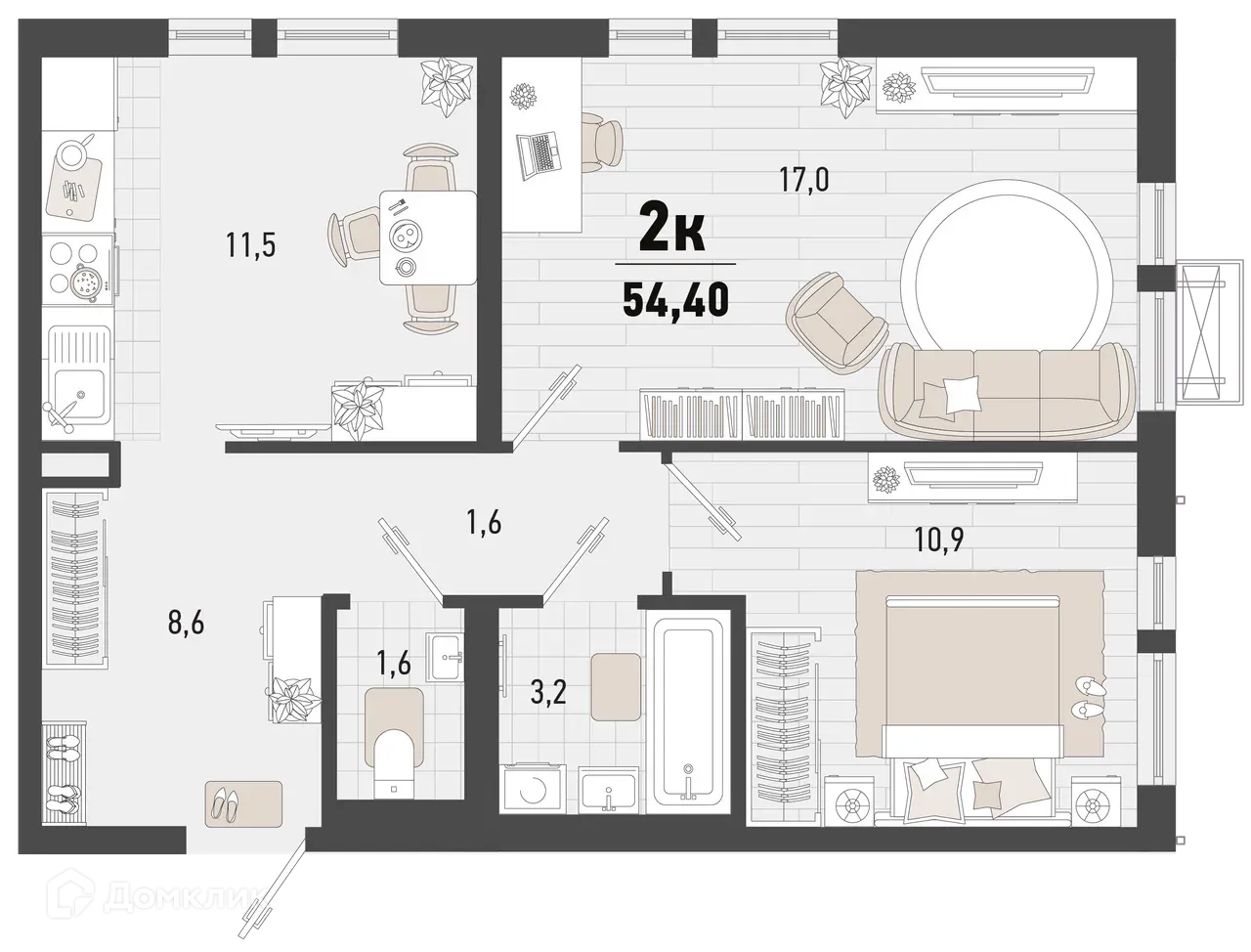 Планировка 2-комнатной квартиры 54.4 м² в ЖК Барса, г. Новороссийск — фото 1