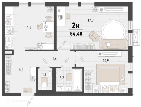 Планировка 2 комн. в ЖК Барса