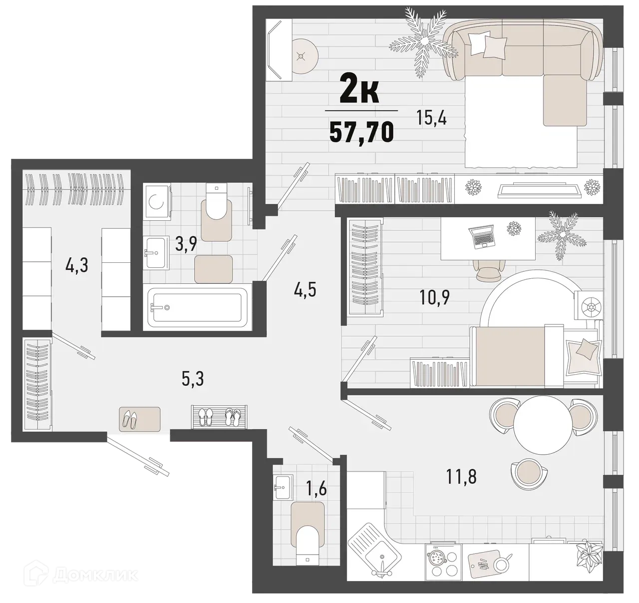 Планировка 2-комнатной квартиры 57.7 м² в ЖК Барса, г. Новороссийск — фото 1