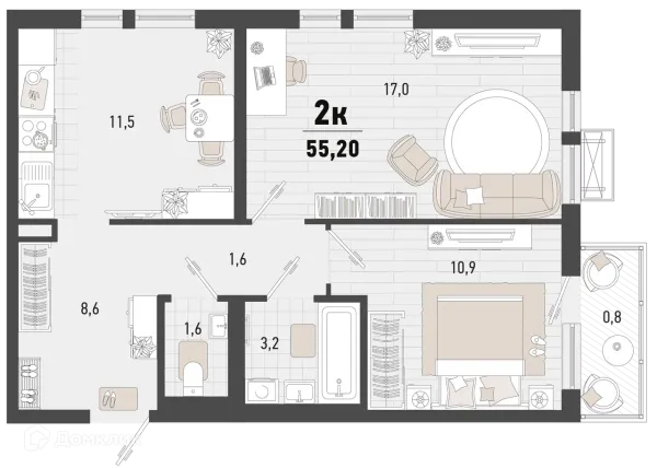Планировка 2 комн. в ЖК Барса